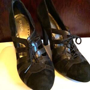BCBGirls Size 8.5 Lace Up Black Suede Heels Punk Chic Lolita